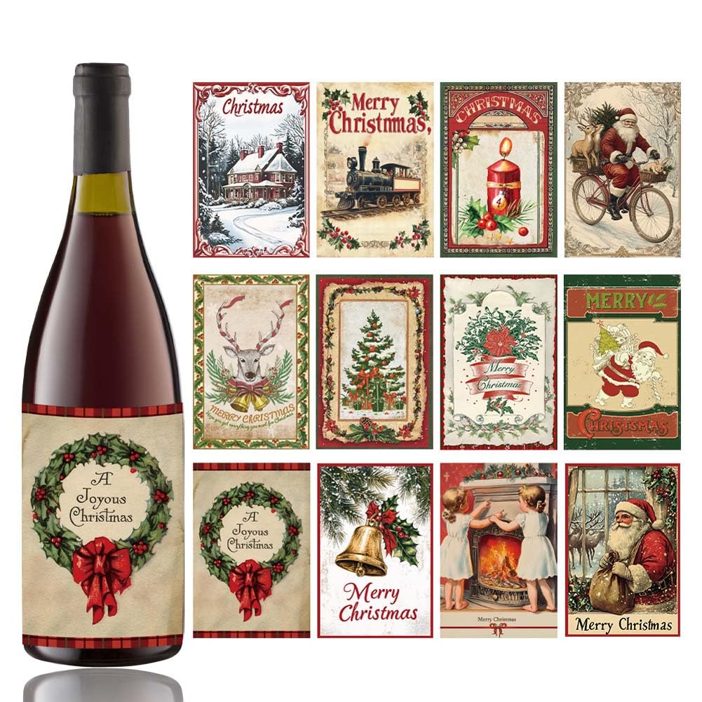 24 Pcs Christmas Wine Bottle Label Stickers, Holiday Party Decor Supplies, Funny Waterproof Bottle Covers, Novelty Xmas Wine Accessories,Christmas Party Decoration Supplies (Style 2)