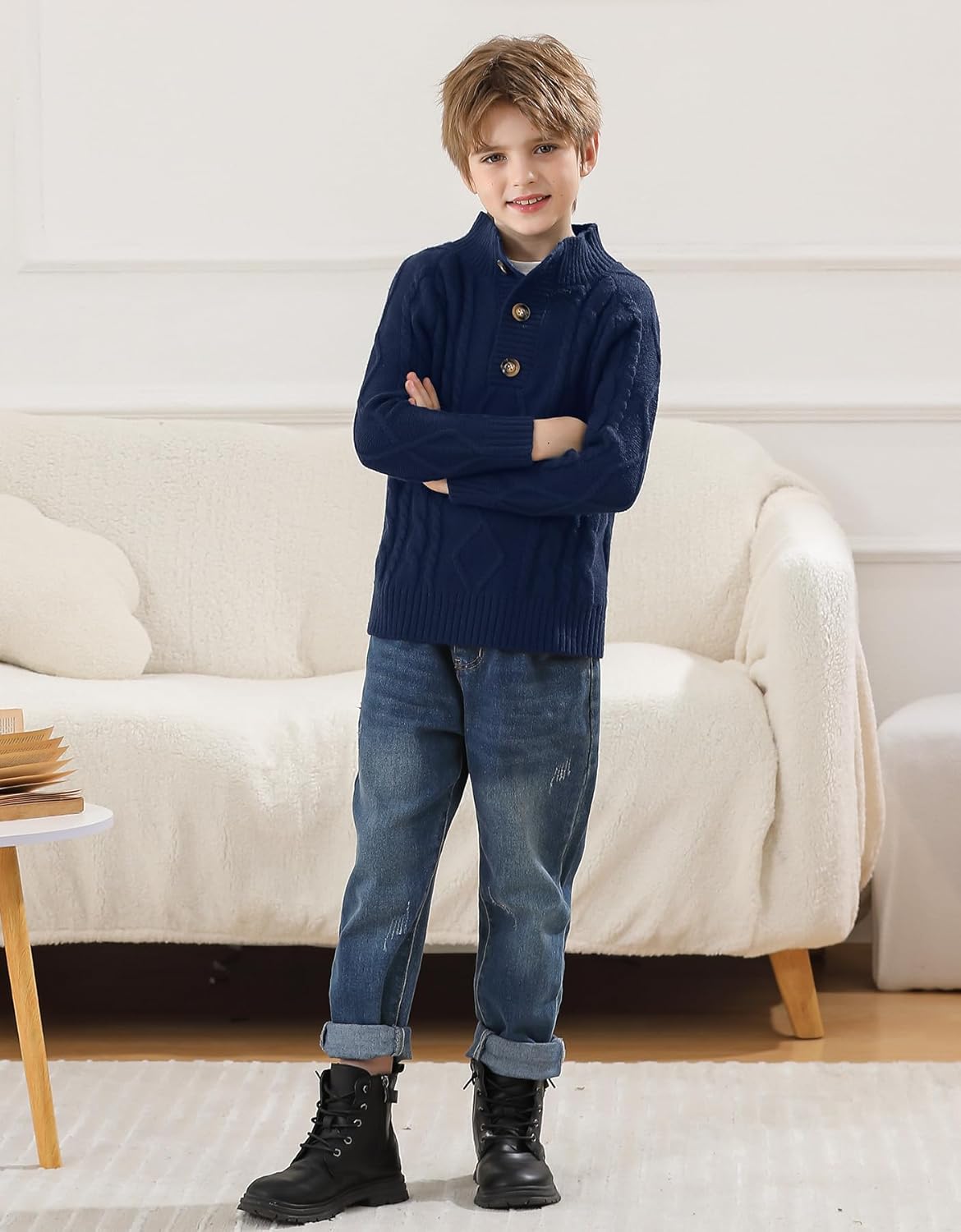 BesserBay Boys Winter Warm Cable Knit Button Down Sweaters Raglan Sleeve Mock Neck Cute Pullover 3-12 Years - Image 4