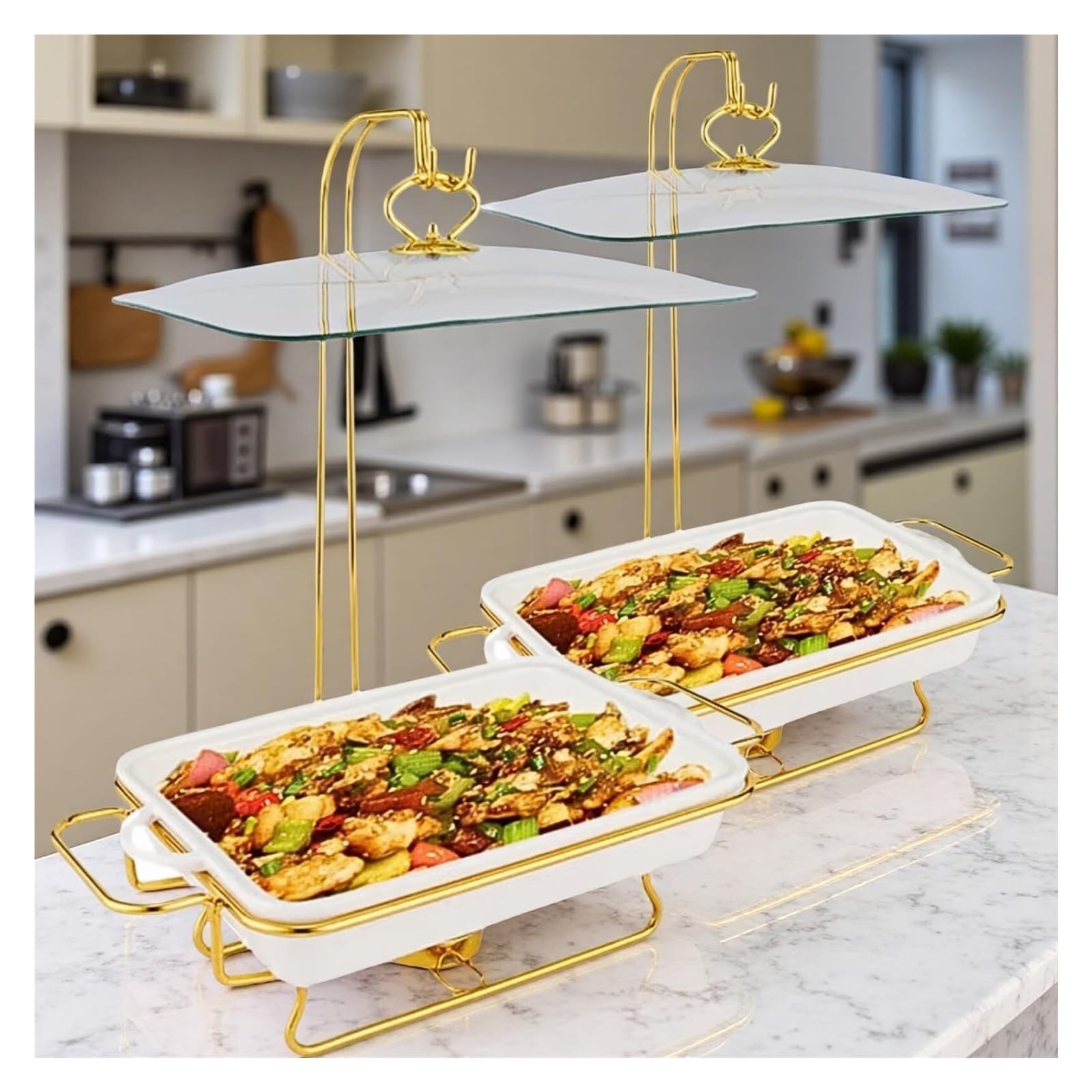 Scaldavivande da Buffet in Ceramica con Coperchio Cucina a Buffet | Con Cornici Dorate e Supporti Scaldavivande for Feste a Buffet