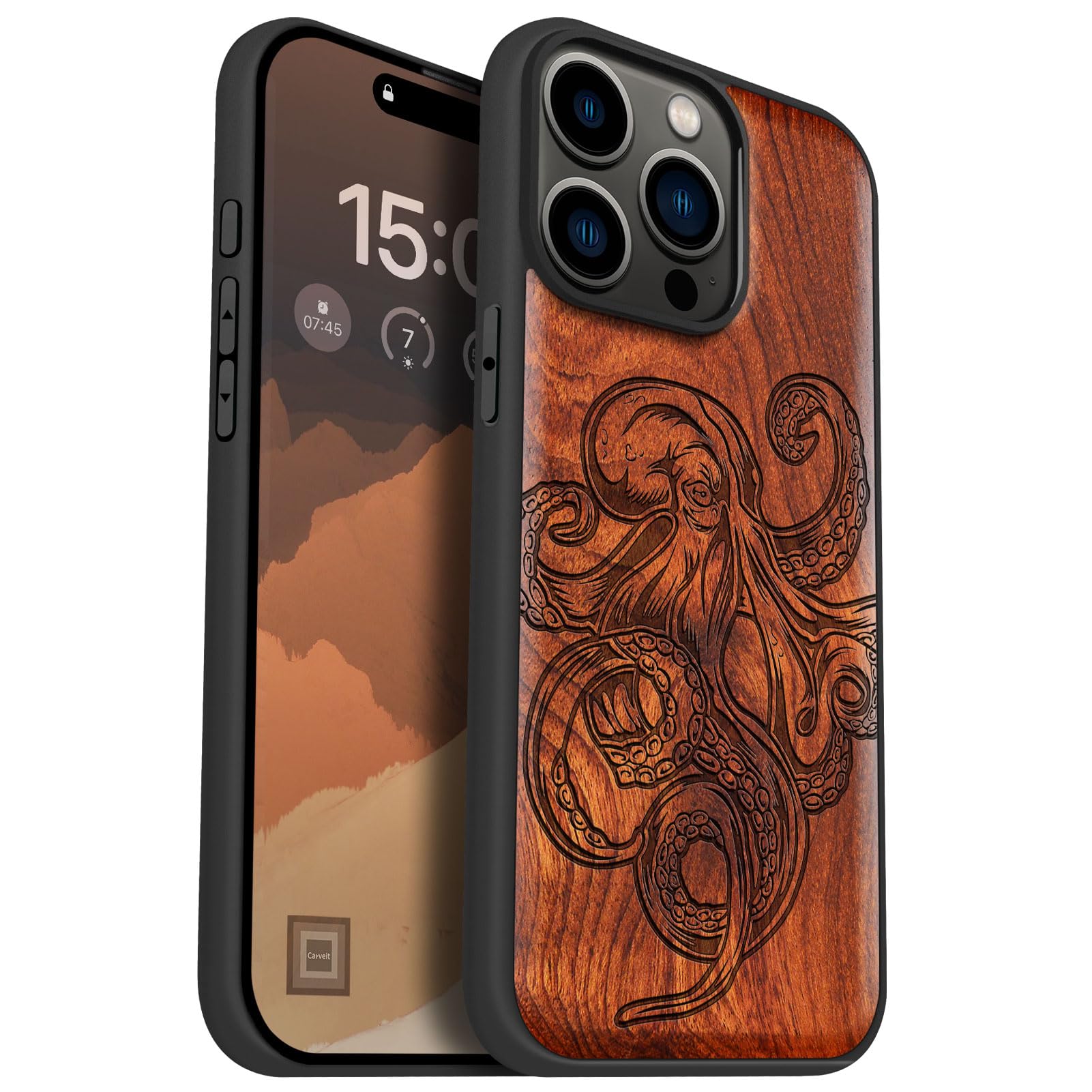 Carveit Custodia In Legno Compatibile MagSafe con iPhone 15 Pro Max Custodia, Magnetico Case avec Antiurto con Protezione Per 15 Pro Max Cover (Rosea-Arte del disegno del polpo)