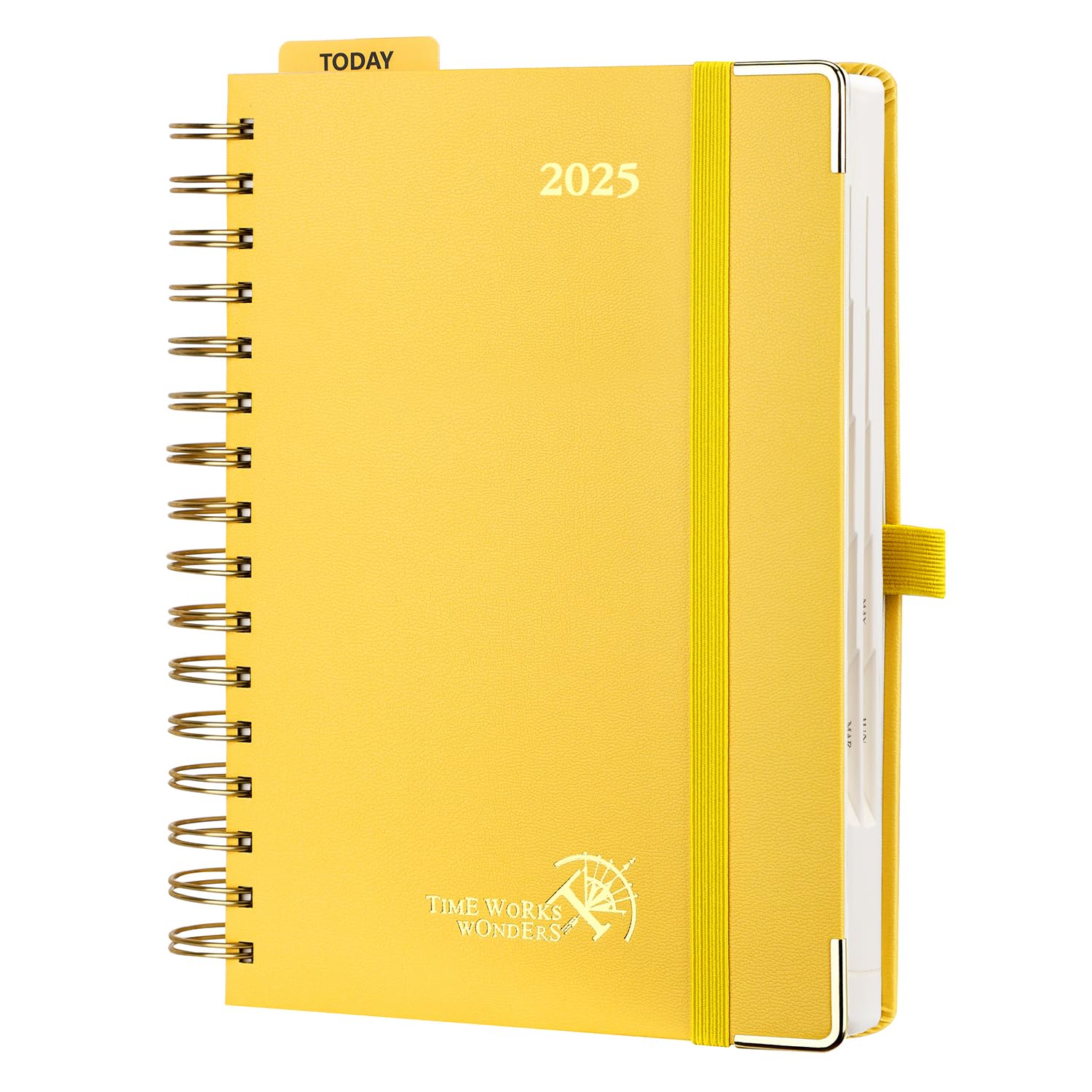 POPRUN Agenda diaria de 2025, tamaño A5, día por página, 25, espiral, tapa dura, agenda de citas con intervalo de 30 minutos, pestañas mensuales, papel FSC® (amarillo claro)