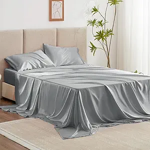 Love's cabin Full Size Satin Sheet Sets - 4 Piece Silver Silky Sheet Set with Deep Pocket, Luxury Silk Feel Satin Sheets Full Bedding Set (1 Flat Sheet,1 Fitted Sheet,2 Pillow Cases)