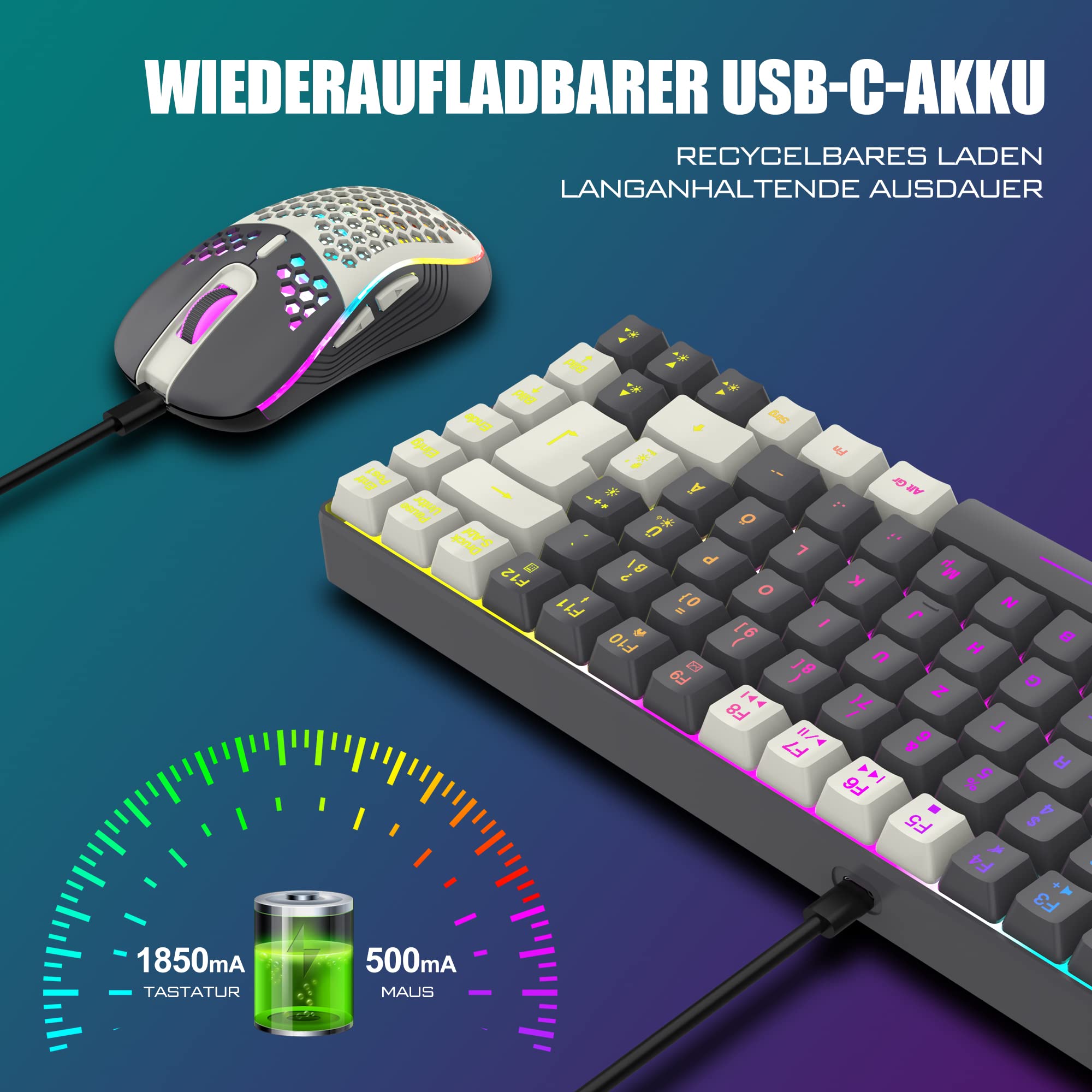 RedThunder K10 Draadloos Gamingtoetsenbord en Muisset, QWERTZ DE-lay-out, 3000mA Batterijcapaciteit Draadloos Toetsenbord en 3200 DPI Gamingmuis voor Gamers (Zwart