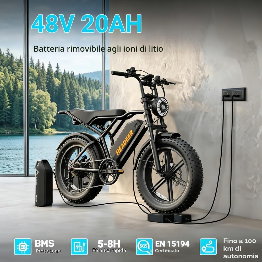 BK20 Bici Elettrica Adulti 20"x4.0" Fat Tire, Città e Fuoristrada, CE EN15194, Batteria 48V 20Ah, 5 Livelli Assistenza, Autonomia 80-100km, Sospensione e Freni a Disco