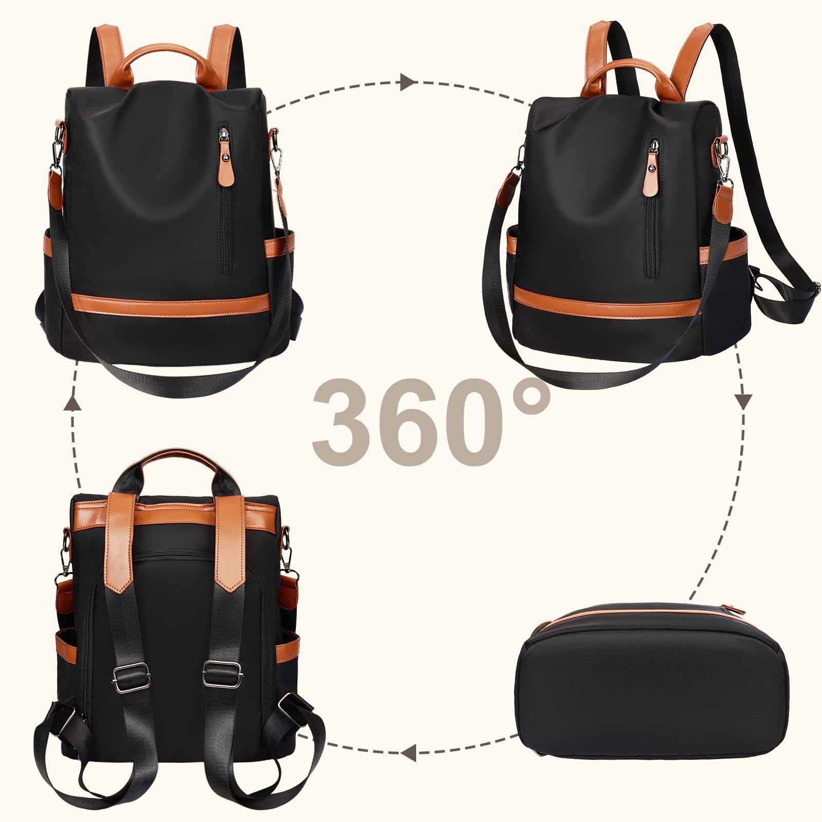 Eshow Sac a Dos Femme Antivol, Sacs à Main Portés Dos Elégant Léger, Petit Sac Bandoulière avec Pochette pour Voyage Travail Loisirs Université Noir