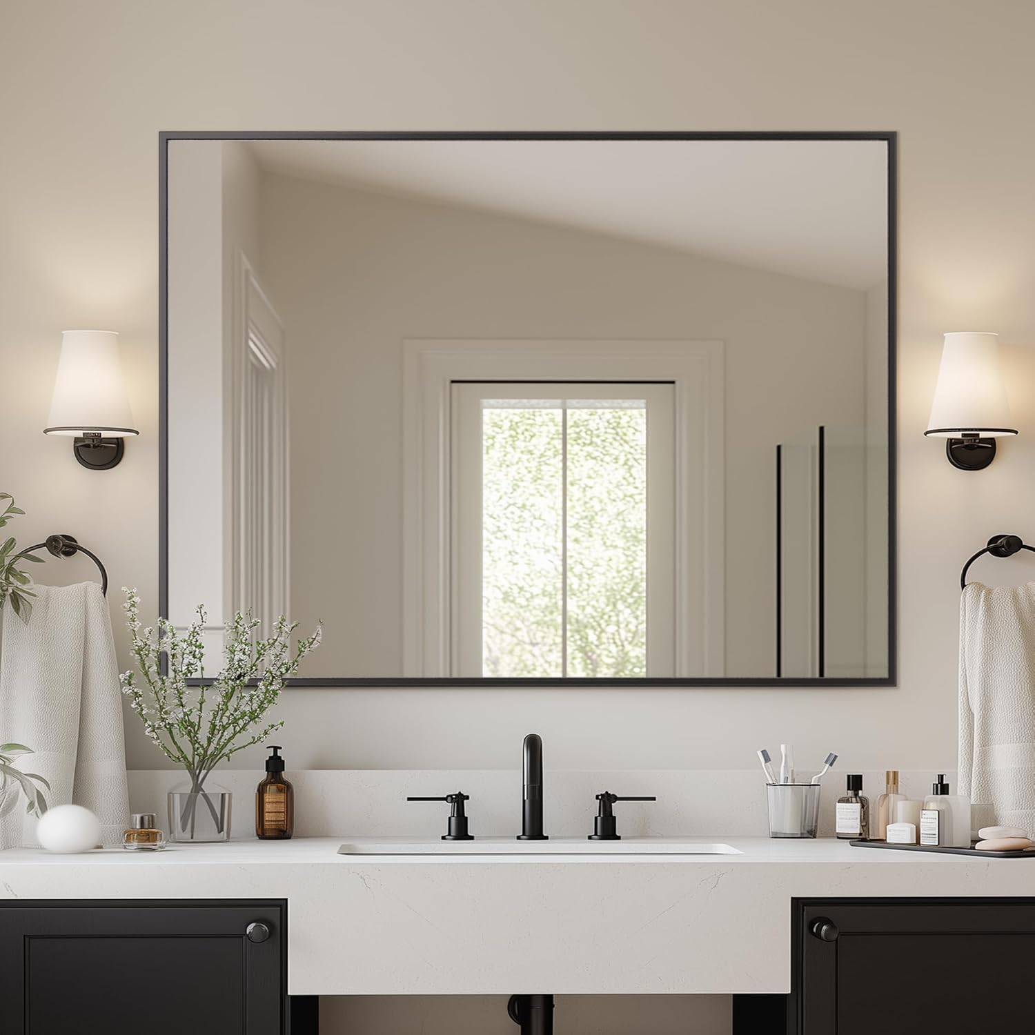 Antok 40x30 Black Metal Framed Bathroom Mirror, Wall Mirror with Rect Corners, Vanity Mirror for Over Sink, Anti-Rust Tempered Glass, Horizontal/Vertical Hanging for Bathroom, Living Room, Entryway