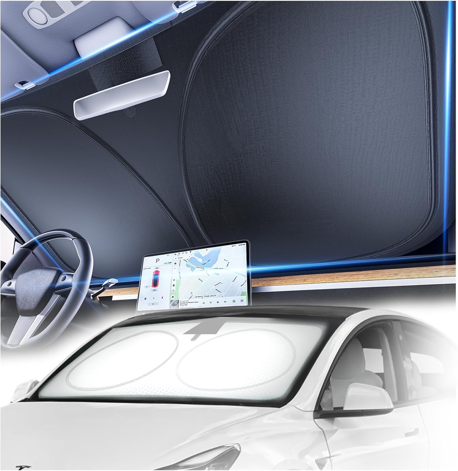 [2025 Upgrade] Doogoocoo Windshield Sun Shade, [100% Sun Block & Ice-Crystal Cooling] Protect Interior & Keep Car Cooler, Portable Foldable Car Sunshade Front Windshield for Tesla Model 3/Y