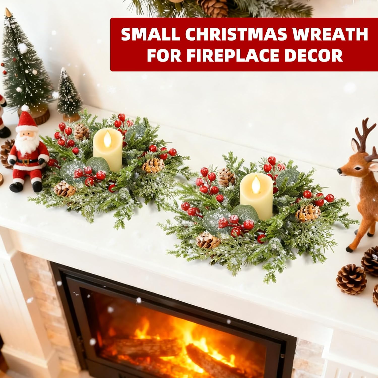 4Pcs Flocked Christmas Candle Rings Mini Christmas Wreaths, 10"x3.5" Perfect PE Small Christmas Wreath Snowy Pinecone&Red Berry Cedar Eucalyptus Cypress Wreath Candle Holders Table Centerpiece Decor