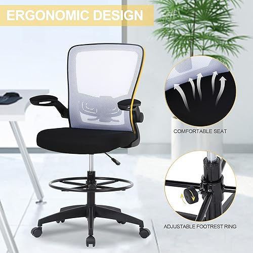 Miniatura 4 de Silla de redacción alta de oficina, silla de computadora ergonómica de malla con respaldo medio, silla de escritorio de pie ajustable con soporte