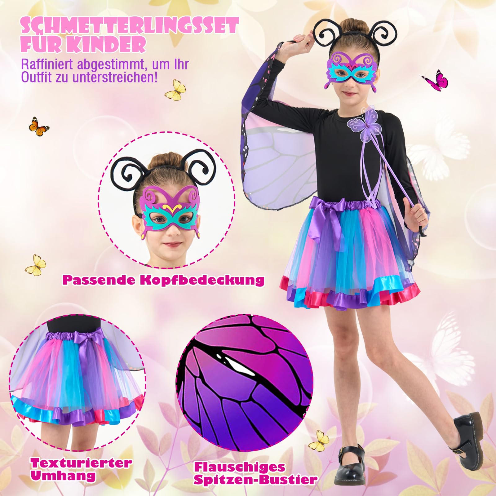 Costume da farfalla per bambini, con ali di farfalla per bambini, con gonna, personale, maschera per gli occhi e farfalla, set da principessa, costume da carnevale