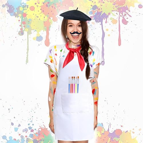 Miniatura 5 de Kyson Disfraz de artista para adultos, 8 piezas, pintor, Halloween, vestido con boina, delantal, paleta, pinceles, aretes, bandana y barba