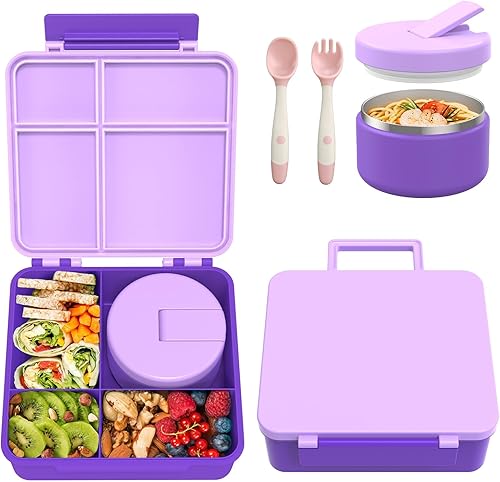Lonchera Bento con termo de sopa de 8 onzas, recipientes de comida a prueba de fugas para niños con 4 compartimentos, recipiente de comida caliente