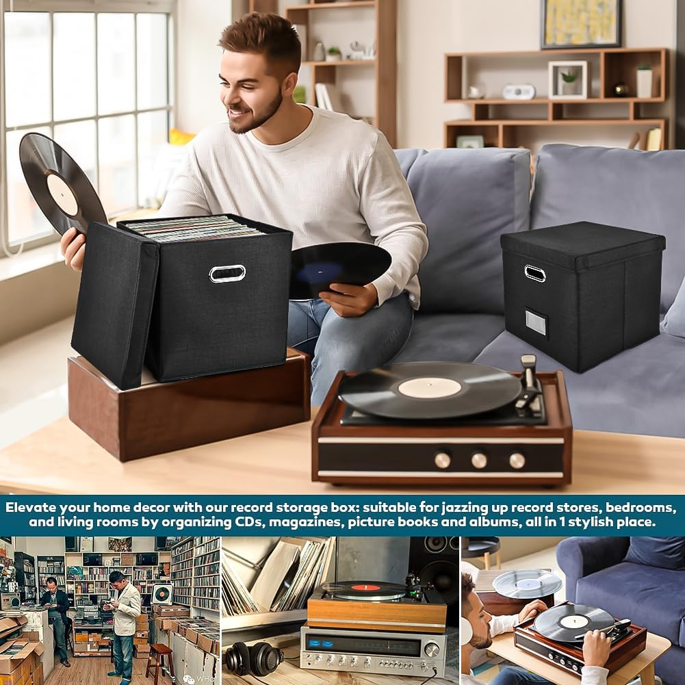 Vinyl Record Storage Box, 12.99x12.99x12.99Inch Album Storage for Vinyl Records, Decorative Linen Storage Cube Bin with Lid, Stackable & Collapsible (Color:Black)