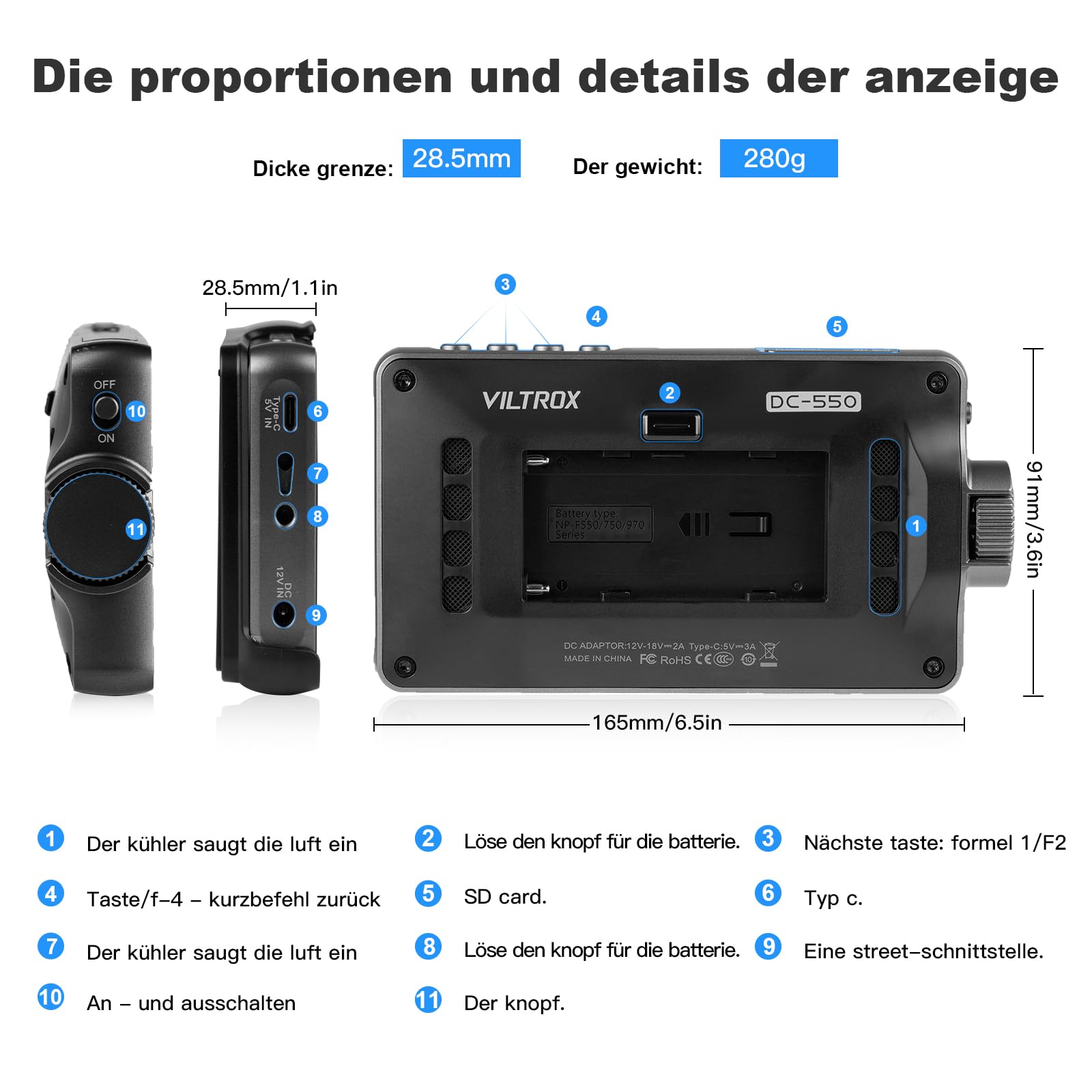 VILTROX DC-550 Monitor pola aparatu 1200 Nit 5,5 cala 4K HDMI z baterią, Full HD 1920 x 1080 IPS, 5,5-calowy 3D LUT z osłoną przeciwsłoneczną, torba do przechowywania aparatów Sony Canon, Nikon, DSLR