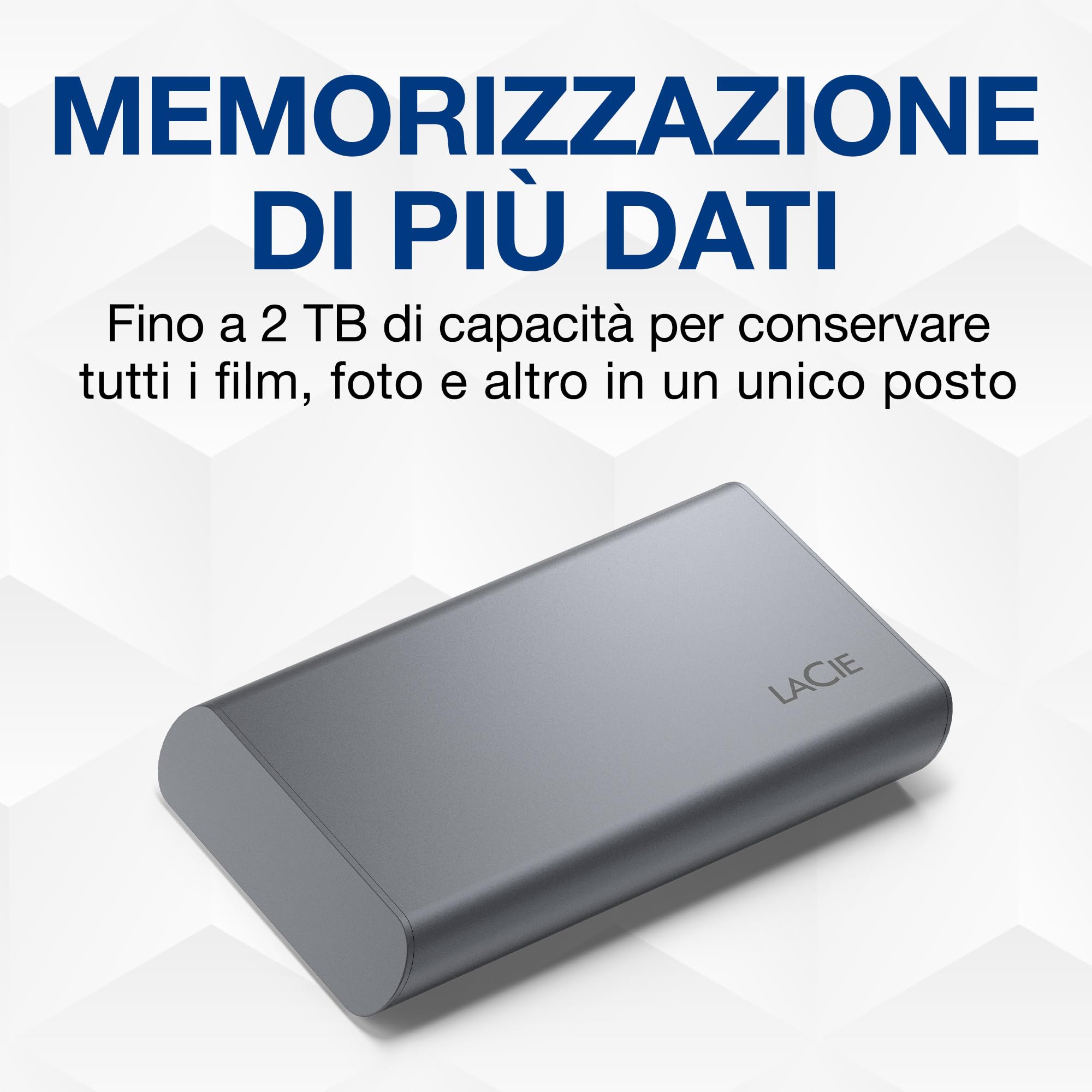 LaCie Mobile SSD Secure 2TB — design sottile, USB‑C SSD esterno portatile, Grey, per Mac e Windows — Rescue Data Recovery incluso