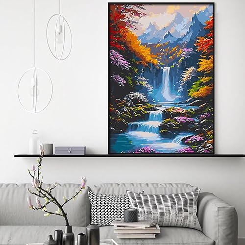 Miniatura 4 de Pintura de paisaje por números para adultos, pintura de cascada por números para adultos principiantes, pintura acrílica colorida por número,