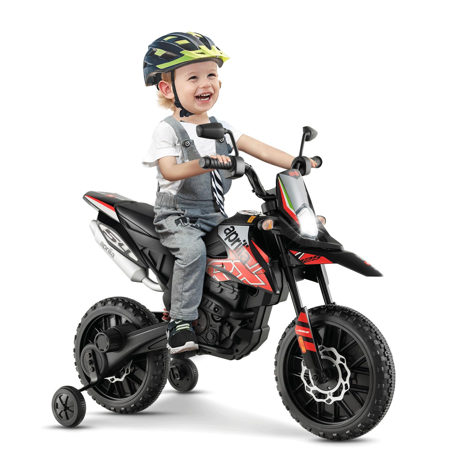 GOPLUS 12V Aprilia Elektro Motorrad, Kindermotorrad mit 2 Stützrädern & Scheinwerfer & Musik, Kinderfahrzeug mit Doppelmotoren & Stoßdämpfer, 5,5-6 km/h, für Kinder von 3-8 Jahren (Rot)