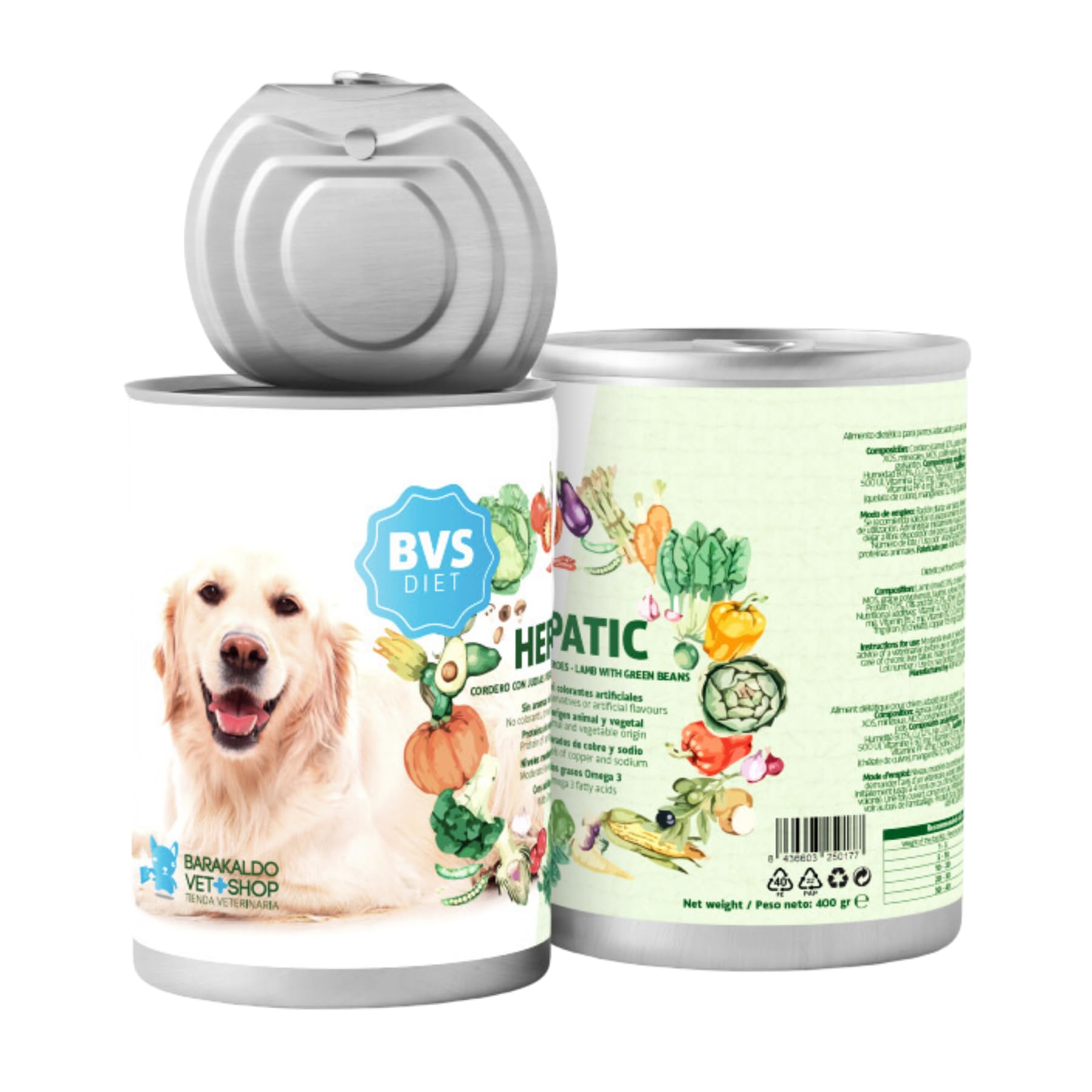 BVS Vet Shop | Diet Hepatic Cordero con Judías Verdes Lata para Perros | Alimento dietético para apoyar la función hepática por insuficiencia hepática crónica | 6 unid. x 400 gr
