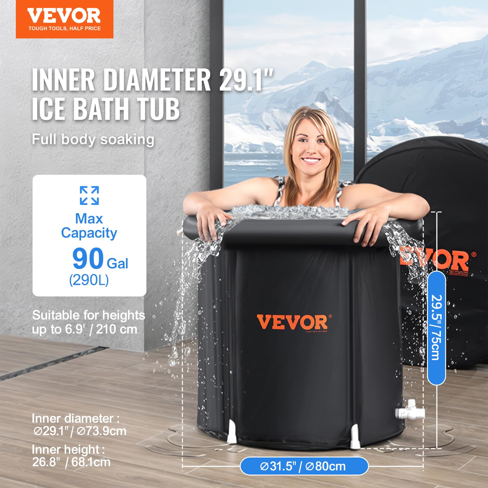 VEVOR Vasca da Bagno di Ghiaccio Lunga 80 cm Vasca per Immersione per Terapia 341 L con Copertura, Barile di Ghiaccio per Recupero, Vasca da Bagno Gonfiabile Pieghevole, Ghiaccio Domestico per Adulti