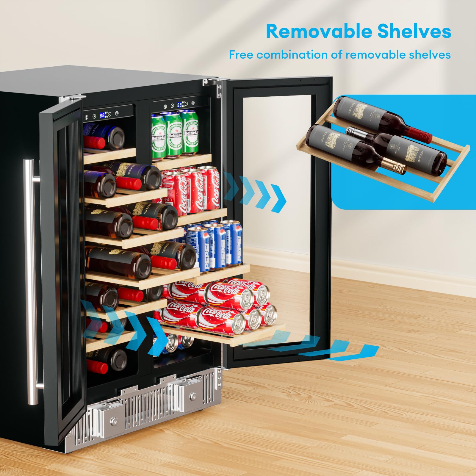 Tabu Wine And Beverage Refrigerator, 24 Inch Dual Zone Wine Cooler With Glass Door&Lock, Built-In Or Freestanding Beverage Fridge Hold 21 Bottles And 88 Cans on Fridge.com - View 6
