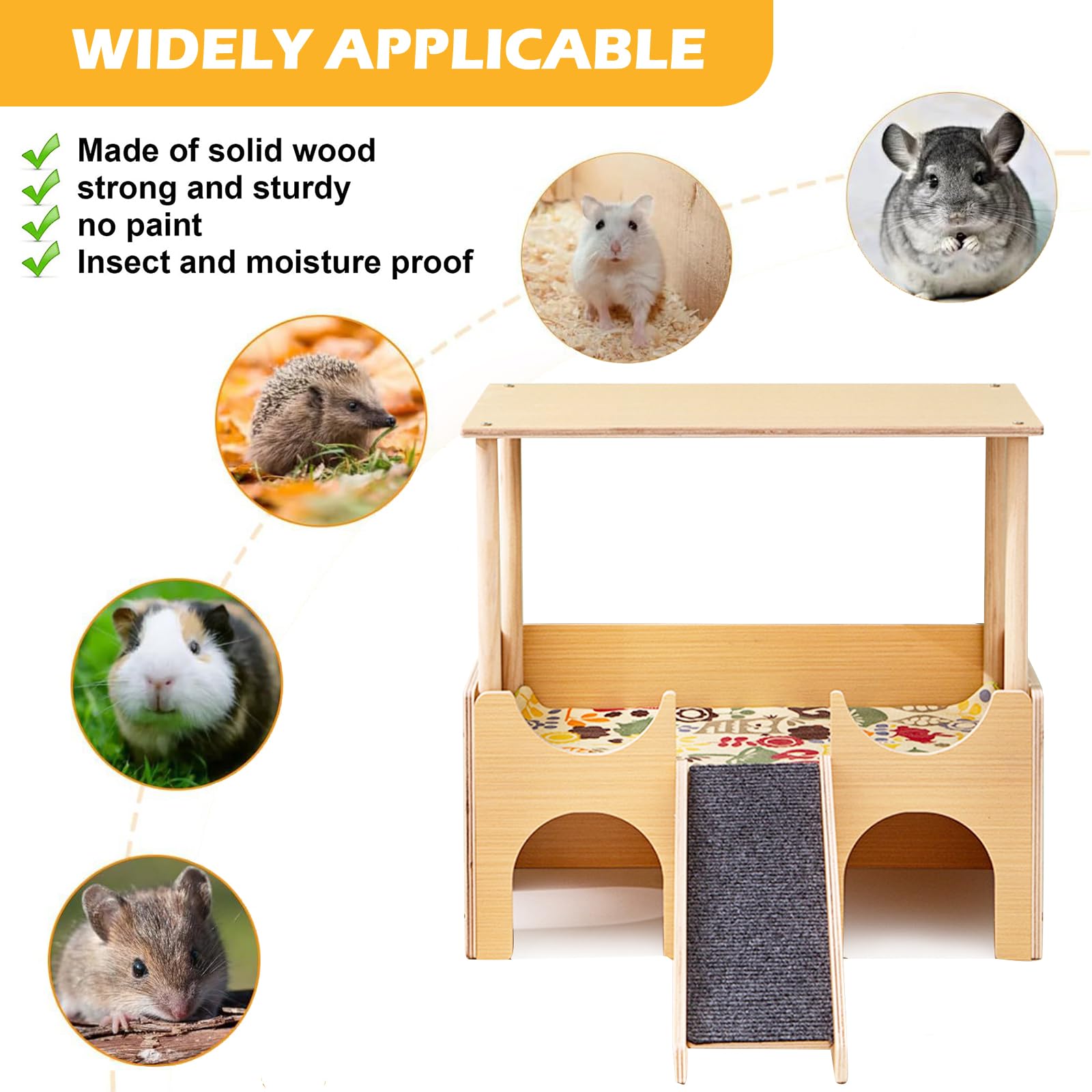 Cachette pour cochon d'Inde à plusieurs étages - Lit en bois avec escalier et tapis - Maison en bois pour hamster - Maison amovible à plusieurs chambres - Pour lapin, chinchilla Habitat (jaune)