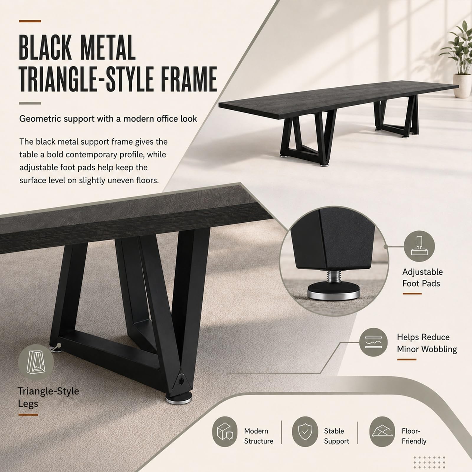 Mesa de Conferencias, Mesa de Oficina Rectangular Grande para 4-16 Personas, Tapa de Madera de 5cm con Estructura de Metal Negro, Varias Medidas para Sala de Reuniones y Seminario