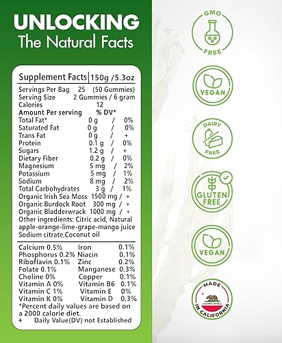 Vista 2 de Gomitas de musgo marino - Musgo marino irlandés orgánico crudo, vejiga, raíz de bardana. Contiene gel de musgo marino y polvo. Superalimentos