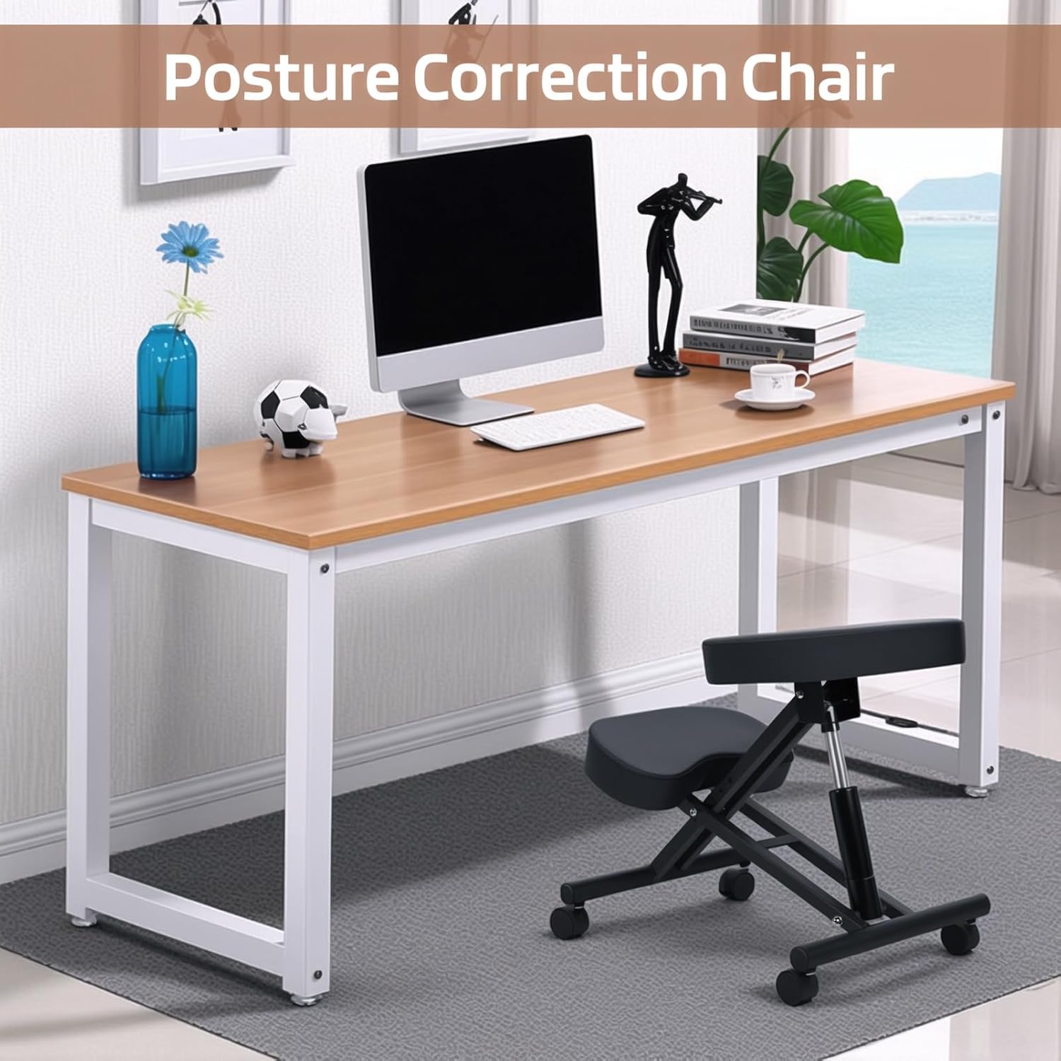 Ergonomic Kneeling Chair,Adjustable Stool for Home Office, Brake and Smooth Gliding Casters, Thick Comfortable Cushions, Posture Correction Chair Desk Supplies Black