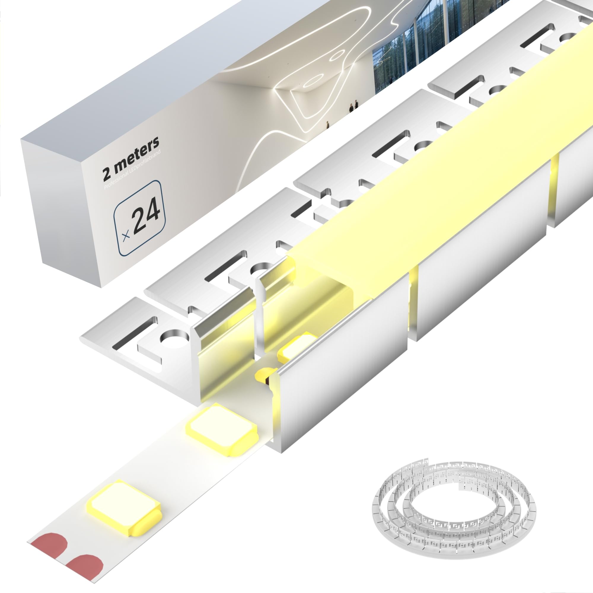 Profil do płytek LED, elastyczny, 2 m × 24 – giętki profil aluminiowy LED, do montażu na sucho, profil podtynkowy 40 x 12,5 mm, do pasków do 15 mm – profil montażowy do sufitu i ściany