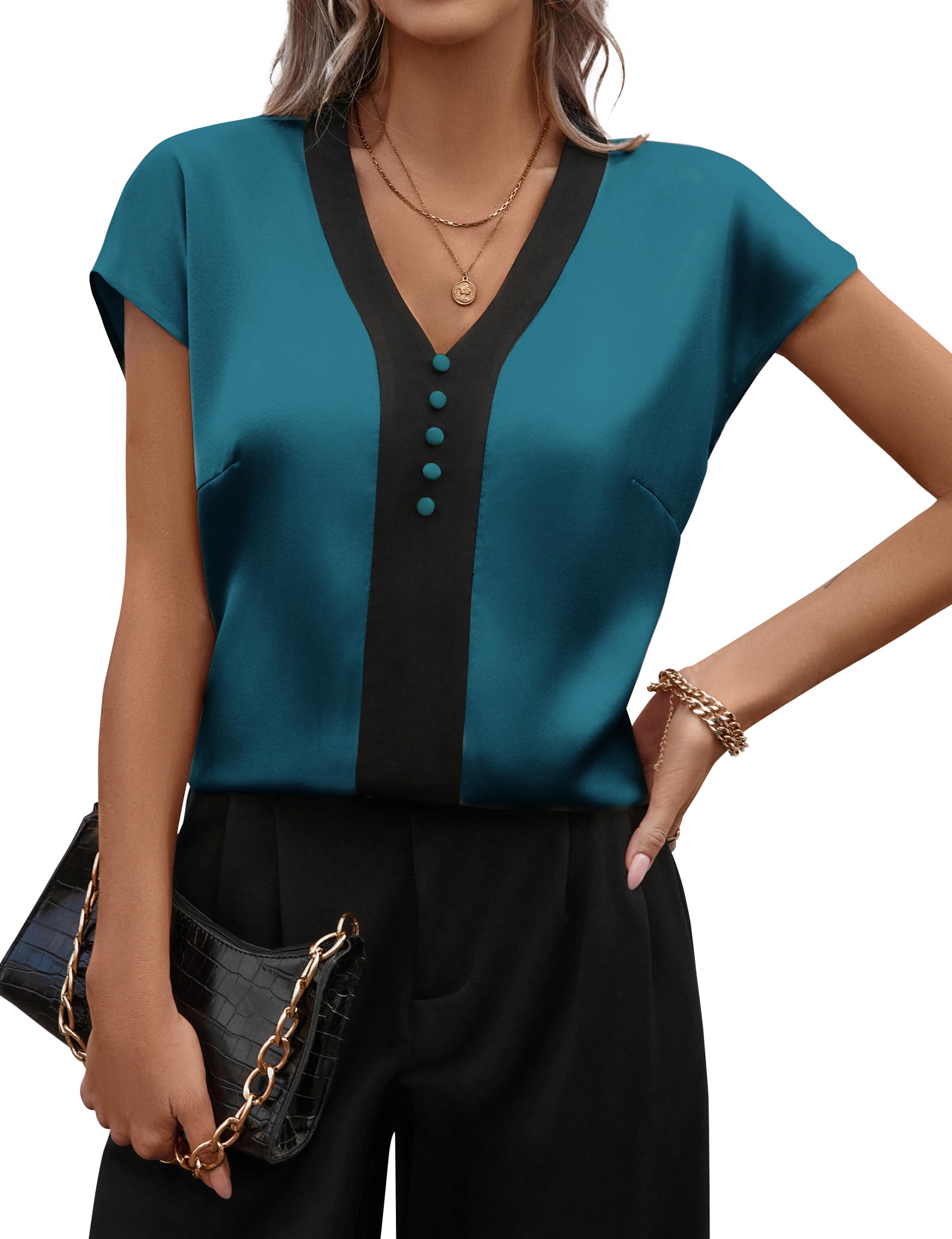 Fayenne Womens Tops Dressy Casual V Neck Color Block Short Sleeve Blouse Business Casual Tops Satin Silk Work Summer Shirt