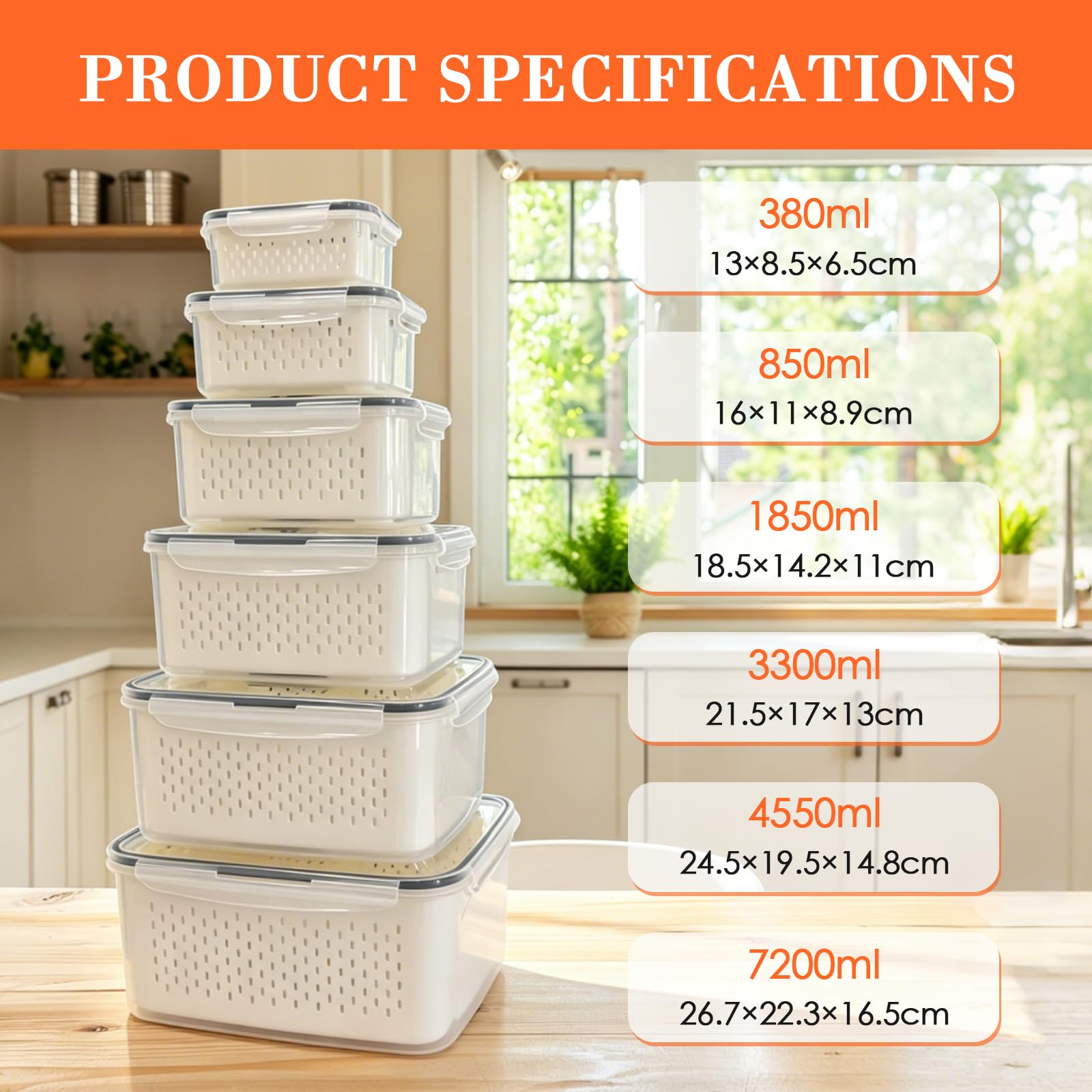 Organizer Frigorifero 6 Pezzi (7,2L/4,55L/3,3L/1,85L/0,85L/0,38L), Contenitori Frigo per Frutta/Verdura/Insalata, BPA Free, Adatto Microonde, Lavastoviglie e Congelatore