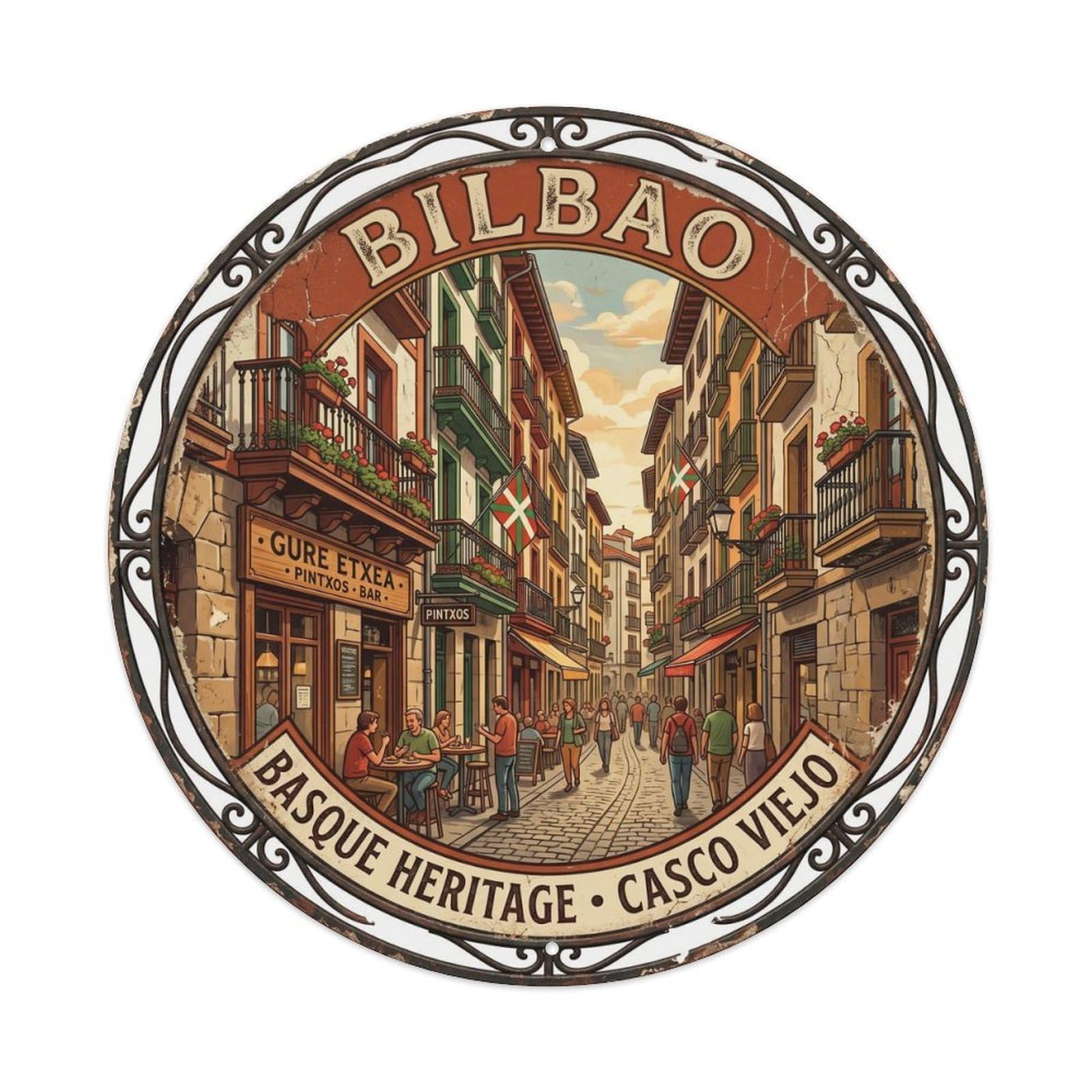 Cmhok Vintage Style Vintage Travel Historic Bilbao Oldtown Metal Tin Sign Plaque Wall Decor For Cafe, Club, Garden Round Metal Poster 8X8inch