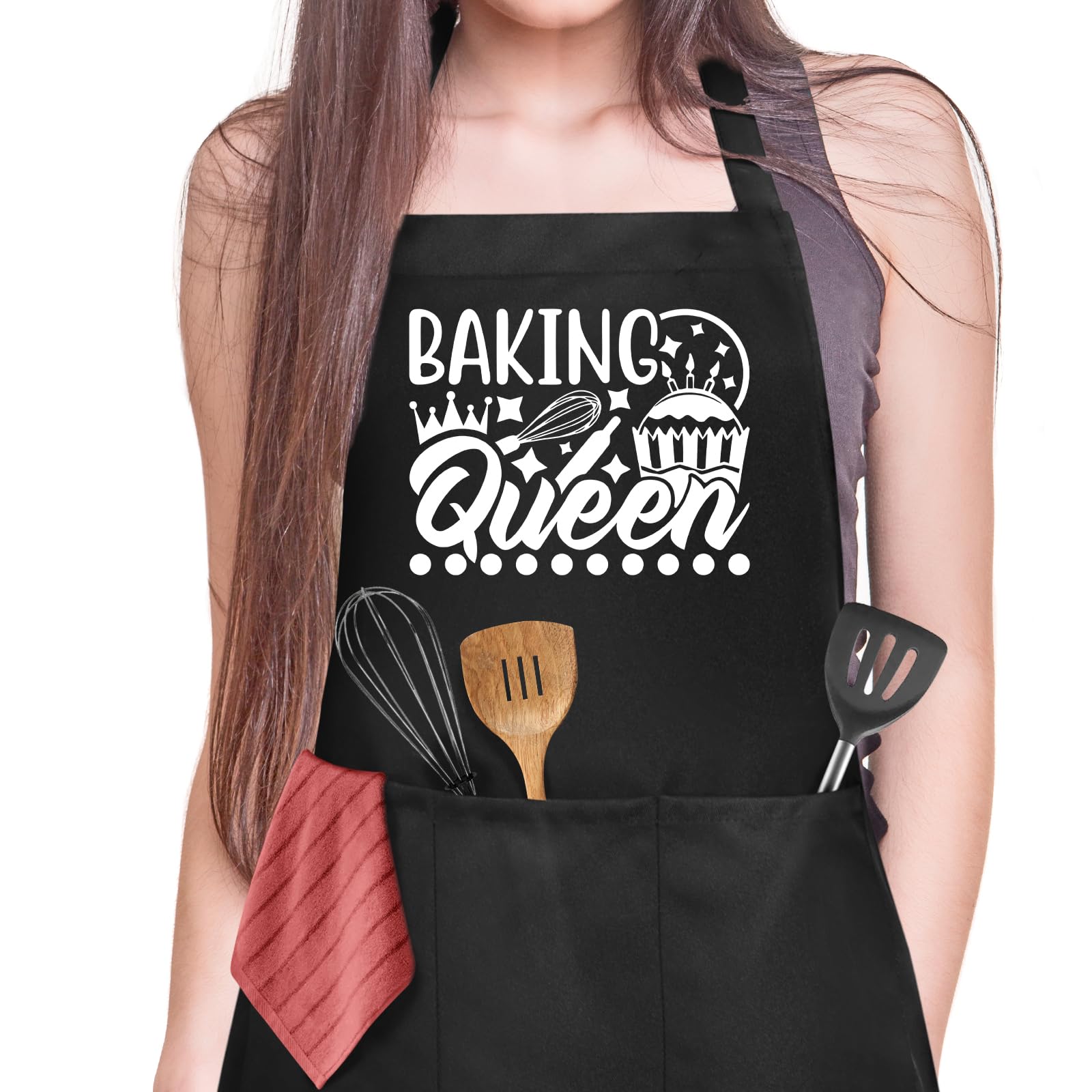 Jiusely Funny Baking Apron for Women Baking Queen Cooking Apron with 3 Pockets, Unisex Waterproof Kitchen Apron for Baker