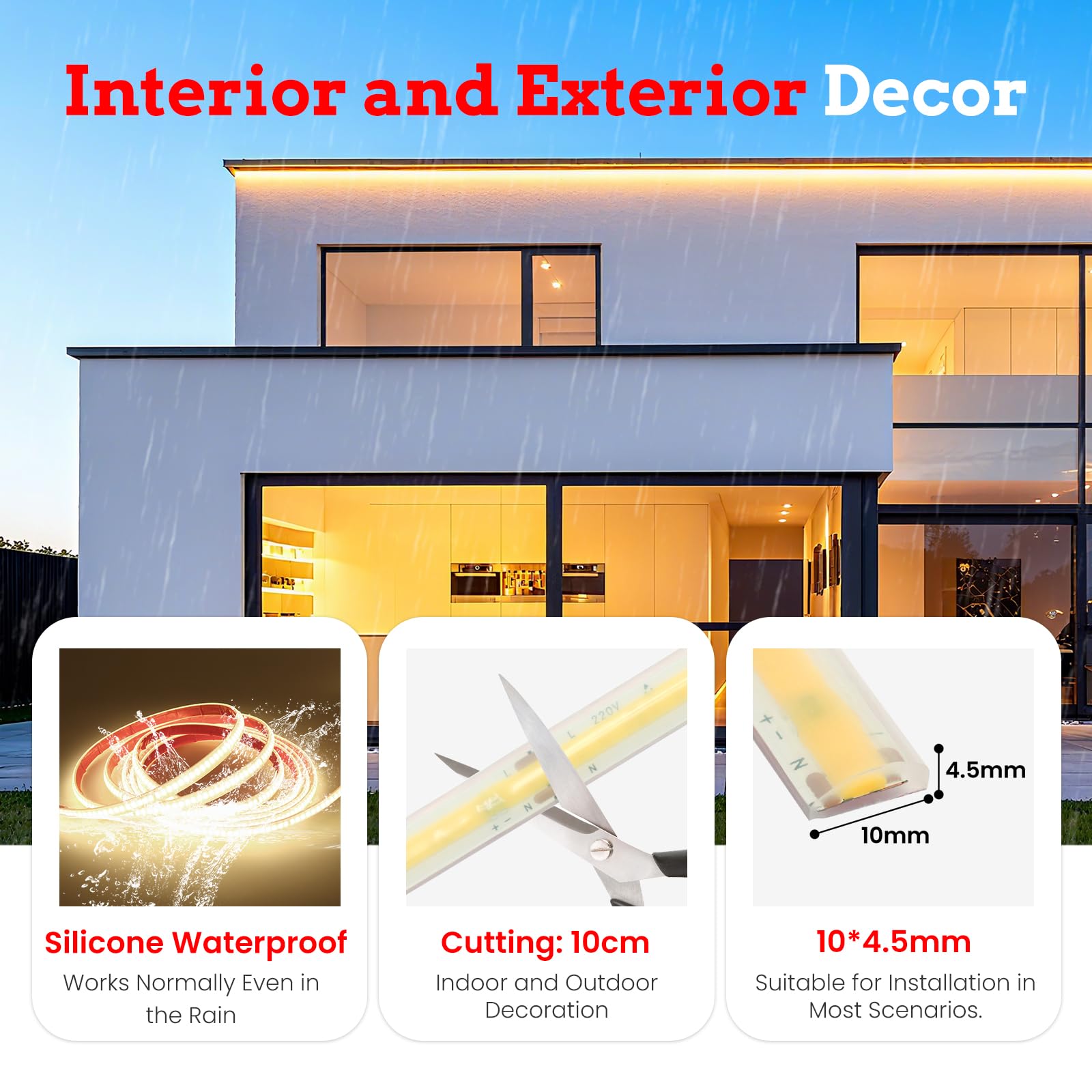 220V Tira LED COB regulable/temporizable [24M,Blanco natural 4000-4500K],flexible e impermeable IP67,240 LEDs/m recortable tira LED FCOB de silicona CRI85+,iluminación para hogar/comercios