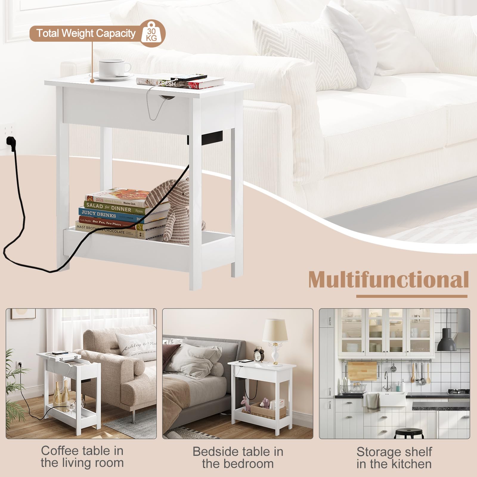 EUGAD Mesita Auxiliar, Mesa de Sofa con Tablero Plegable, Compartimento Oculto y Estante de Almacenaje, Mesita Estrecha con Enchufe y Puertos USB, Ideal para Salón y Dormitorio, Blanco