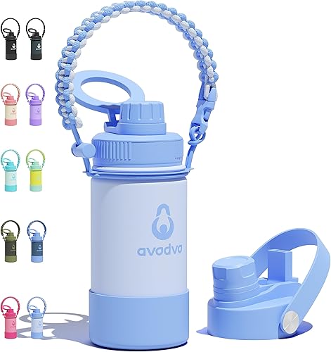 Botella de agua aislada avodvo de 12 onzas con 2 tapas (tapa con popote y boquilla de 2 en 1, tapa magnética), botella de agua para niños con Azul