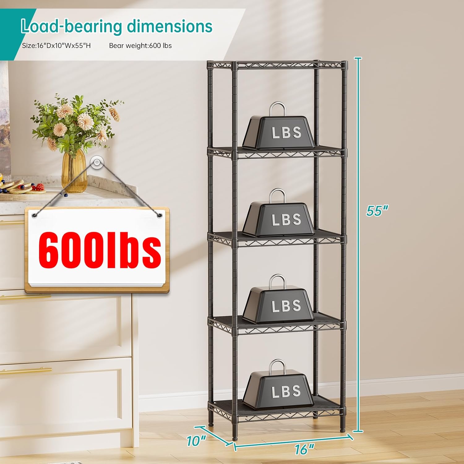 SINGAYE Metal Shelves Wire Shelving:Storage Rack Standing Units Shelf for Kitchen Laundry Bathroom Closet Organizers Pantry Narrow Mesh Adjustable 10" D x 16" W x 55" H Black - Image 3