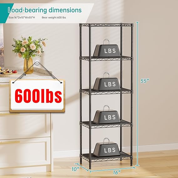 SINGAYE Metal Shelves Wire Shelving Storage Standing Adjustable Shelf Unit | 5 Tier Mesh Units Shelf for Kitchen Laundry Bathroom Closet Organizers Pantry Narrow Home Rack 10 D x 16 W x 55 H Black