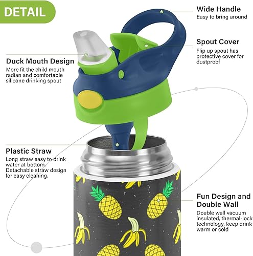 Miniatura 4 de MCHIVER Bananas Pineapples - Botella de agua para niños con popote aislado de acero inoxidable, termo para niñas y niños a prueba de fugas, 12
