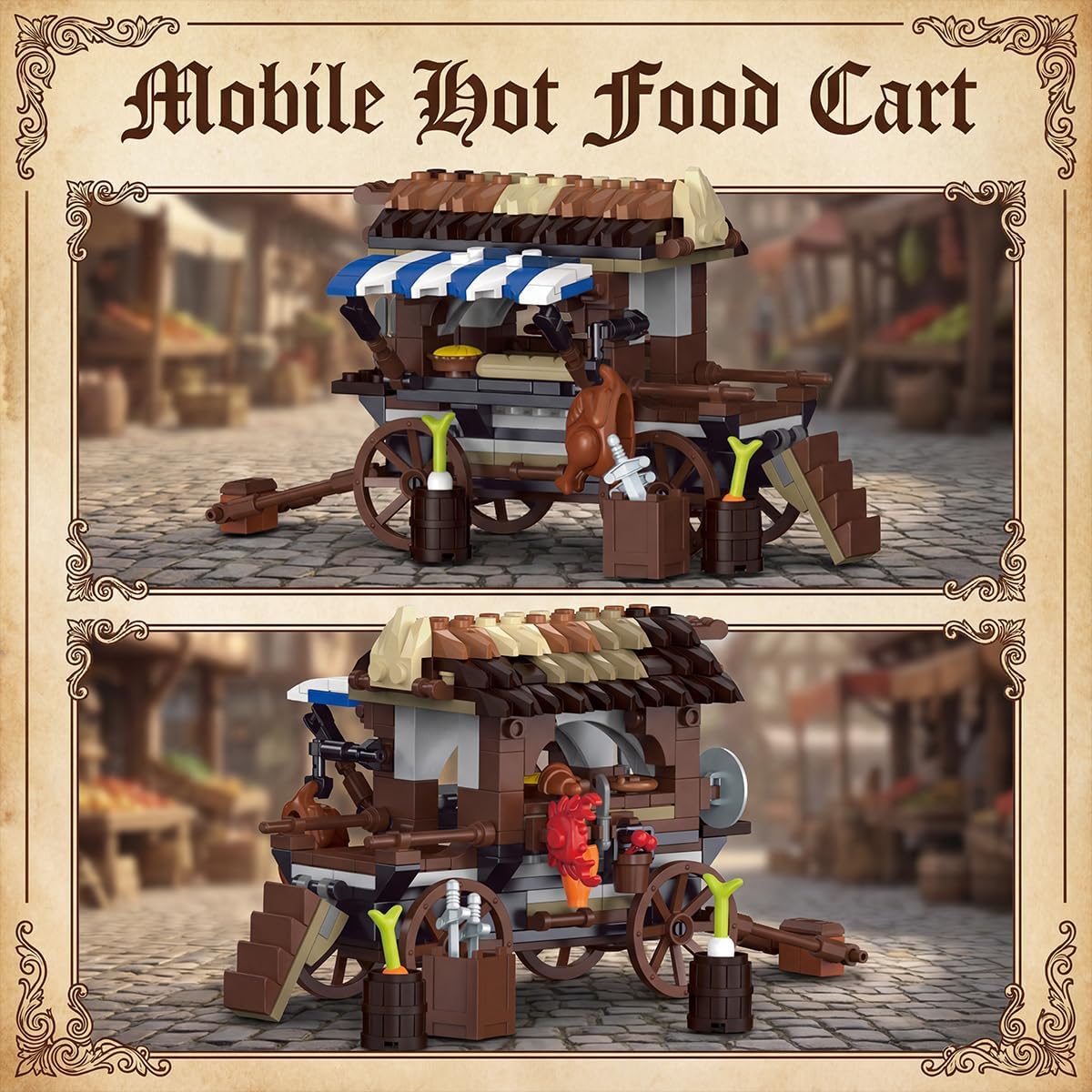 Medieval Town Square Viking Village Building Set for Adults, Cabin Modular Castle Architecture with Mobile Food Cart, Creative Present for Enthusiasts Barweer (3021PCS)