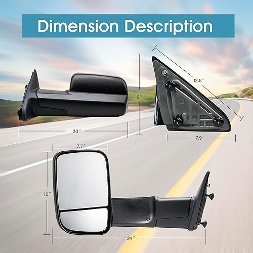 Miniatura 6 de Espejos de remolque compatibles con Dodge Ram 1500 2500 3500 2009-2018 Pickup Truck Espejo de cristal ajustable manual de espejo retrovisor abatible