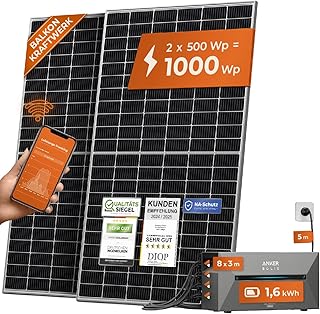 Solarway All In One Speicher Balkonkraftwerk 1000W komplett mit 1,6 kWh Anker Solix 2 PRO Speicher - Solaranlage Komplettset - 500W Solarmodule & Anker Speicher & Zubehör