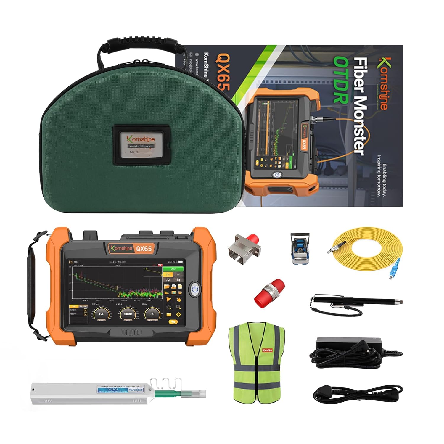 1310 1550nm 40/38dB KOMSHINE QX65 Single Mode Euipped with iOLA One Click Intelligent Testing Function + OPM OLS VFL + Event Map+ RJ45+WiFi MAX 1: 64 Fiber Splitter Trunk Line CAT5 CAT6