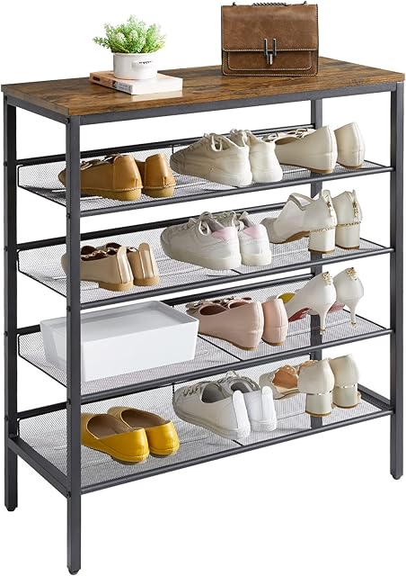 YMYNY 5-Tier Shoe Rack, Shoe Storage Organiser with 4 Mesh Shelves, Flat & Slant Adjustable Shoe Shelf for 16 Pairs, 75.5 x 30 x 87 cm, for Entryway, Hallway, Closet, Rustic Brown, HTMJ083H