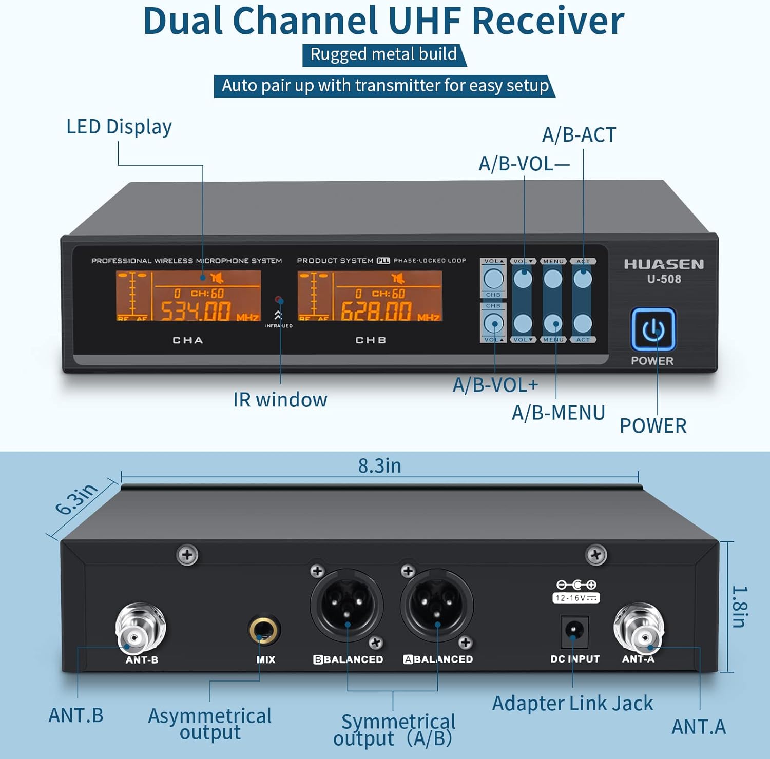 Wireless Microphone System,All Metal Dual Professional UHF Cordless Dynamic Mic Handheld Microphone System for Home Karaoke, Meeting, Party, Church, DJ, Wedding, for inandon Karaoke, 200ft HUASEN