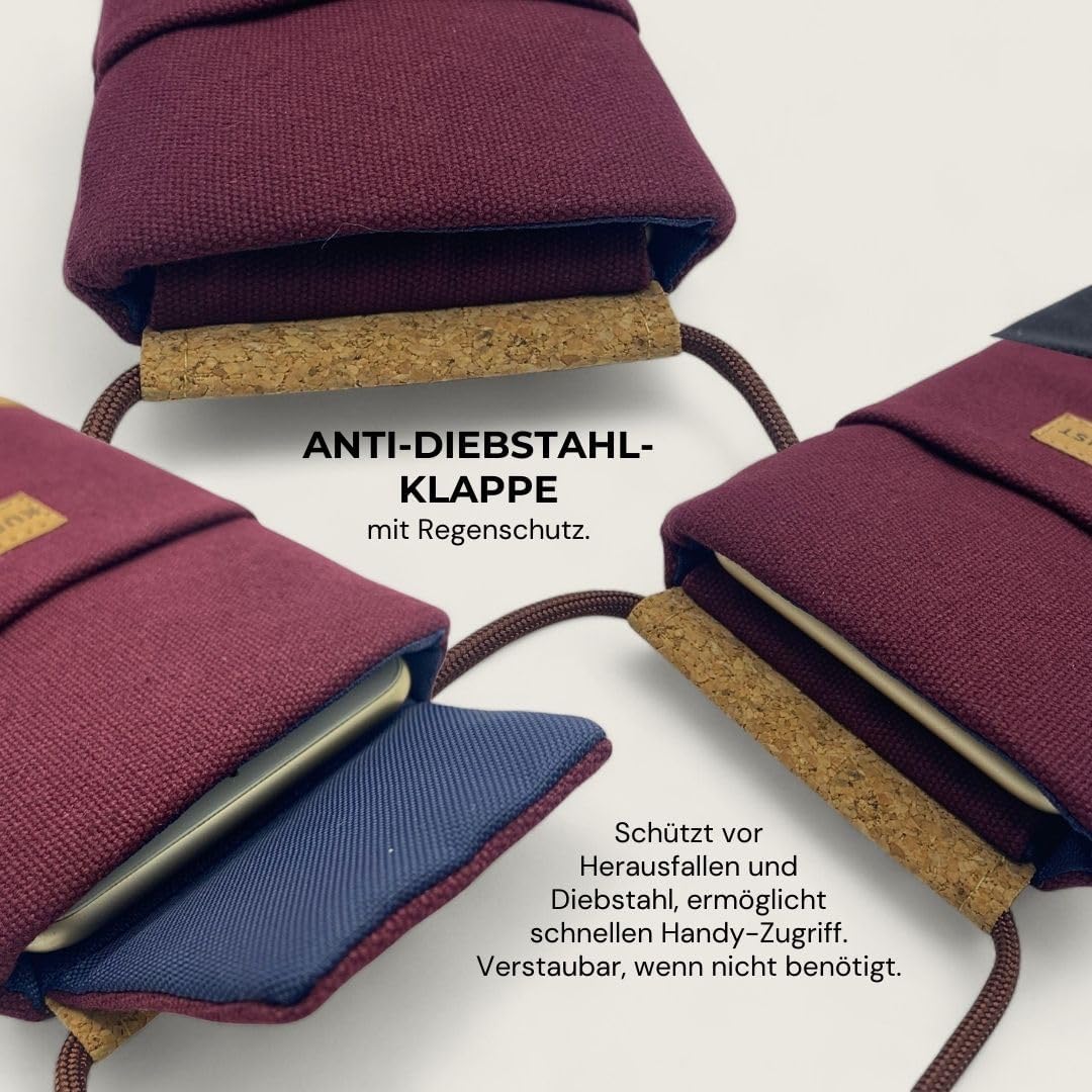 NELA Canvas & Cork Phone Sleeve with Strap - Handmade Phone Case for iPhone 13/14/15 Pro, iPhone 13/14/15, Galaxy S22, and Other (up to 6.1 inches) (Berry)