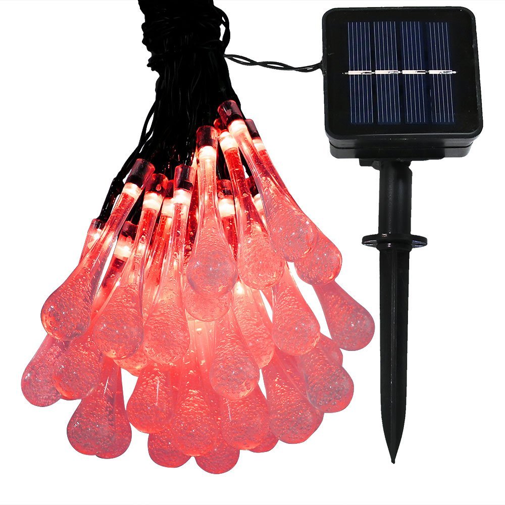 TTY LED Water Drop Light,12M 100 LED,Solar Garden Light,Water Proof 8 Modes, Waterproof Teardrop Lights for Fence, Yard, Summer Party, Wedding [Energy Class A++] (Red)