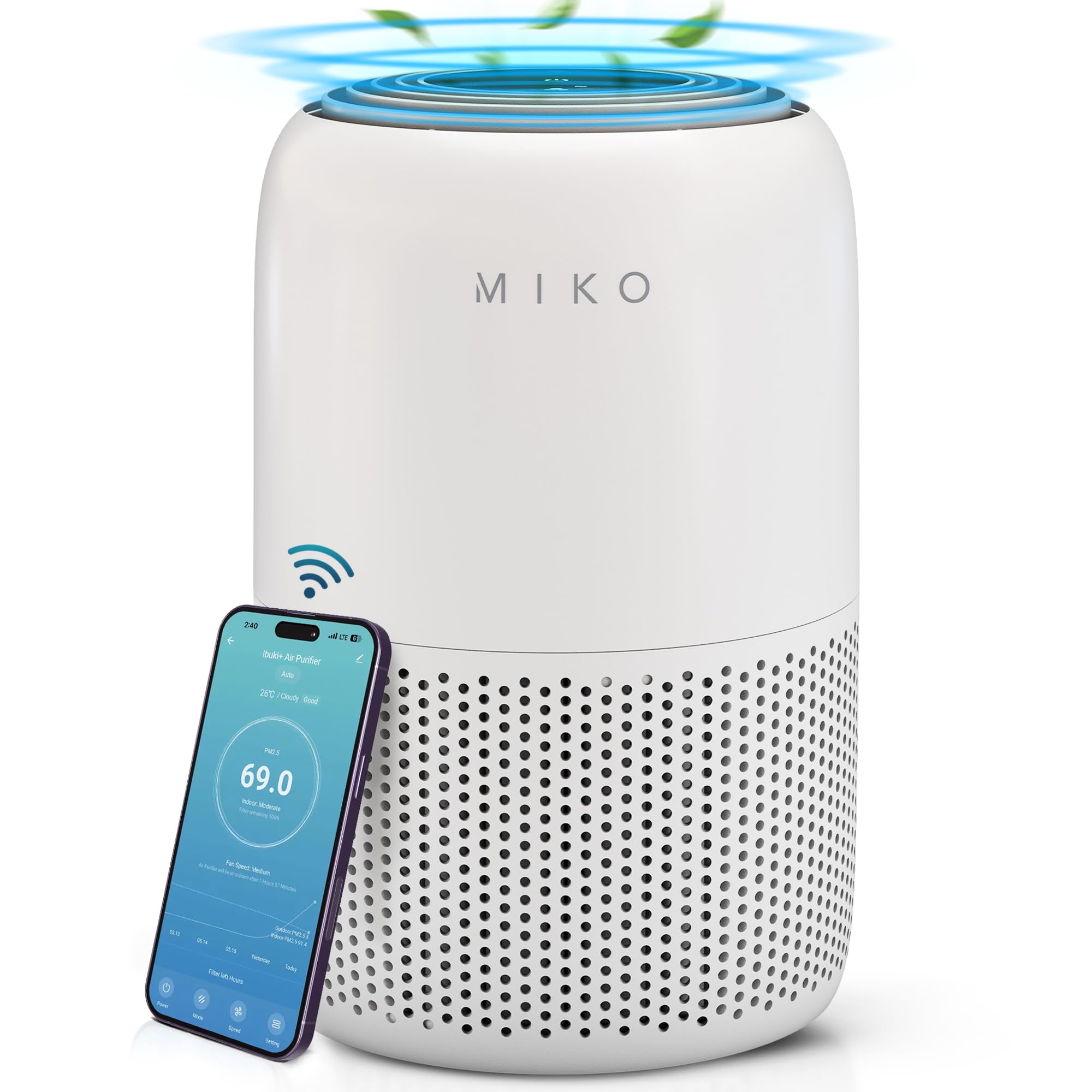 MIKO Air Purifier for Bedroom with 3-in-1 HEPA Filter & Sleep Mode, Whisper Quiet, Covers Up to 1200 ft, Smart Wi-Fi App Control - Removes Smoke, Allergens, Pets Hair, Dust, Odors, Pollutants