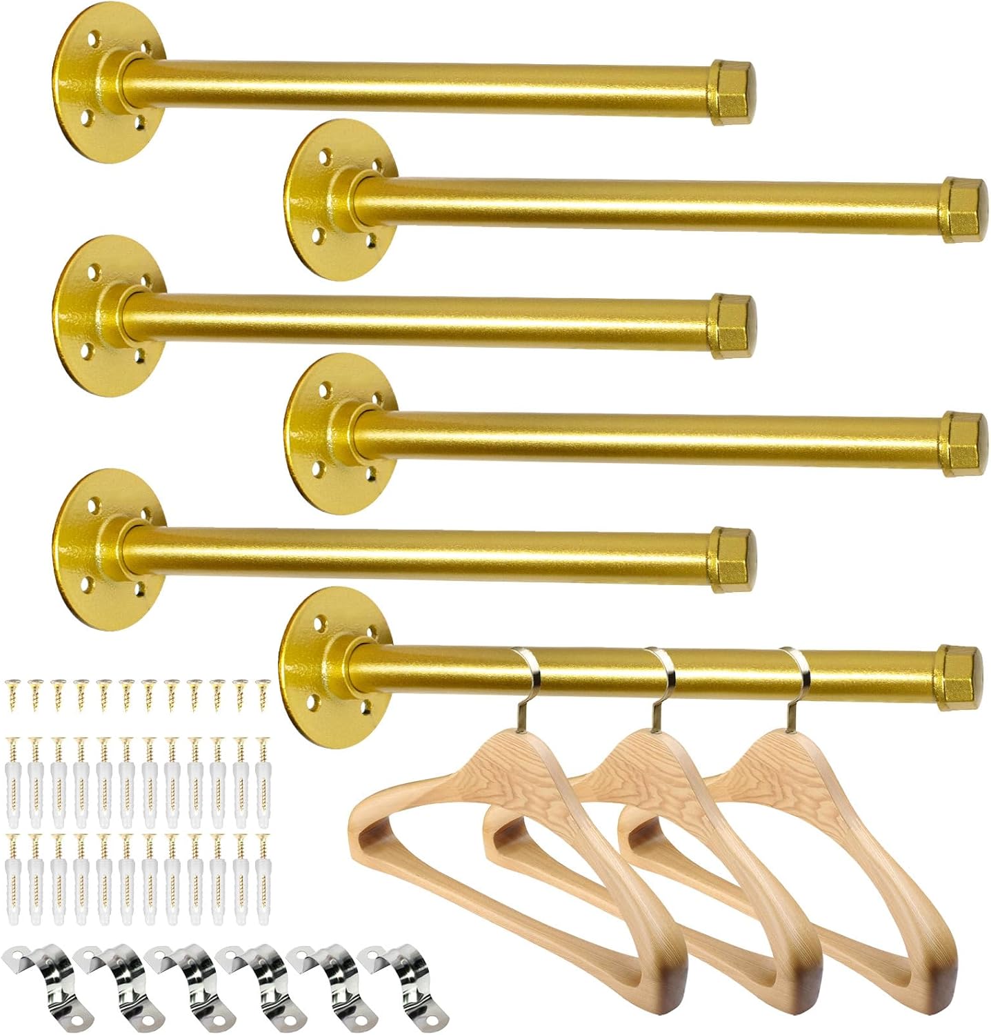 6 Pcs Industrial Pipe Clothes Bar 12 Inch - Wall Mount Clothing Rack - Face Out Closet Rods for Hanging Clothes Commercial Retail Boutique Laundry Shirt Display - Golden Golden 12" Clothes Rack