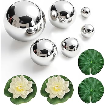 Set of 6 Decorative Ball Swimming Balls Garden Ball Silver Rustproof Stainless Steel with 4 Floating Lotus Leaves Floating Flowers for Mini Pond/Garden Pond Pond Balls